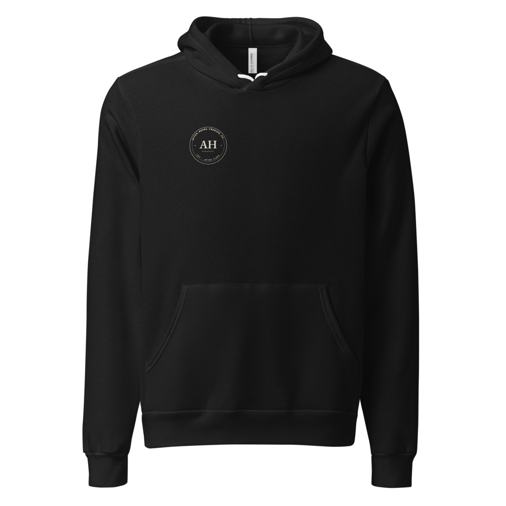 Black pullover hoodie with a cream AHTC circular seal on the left chest