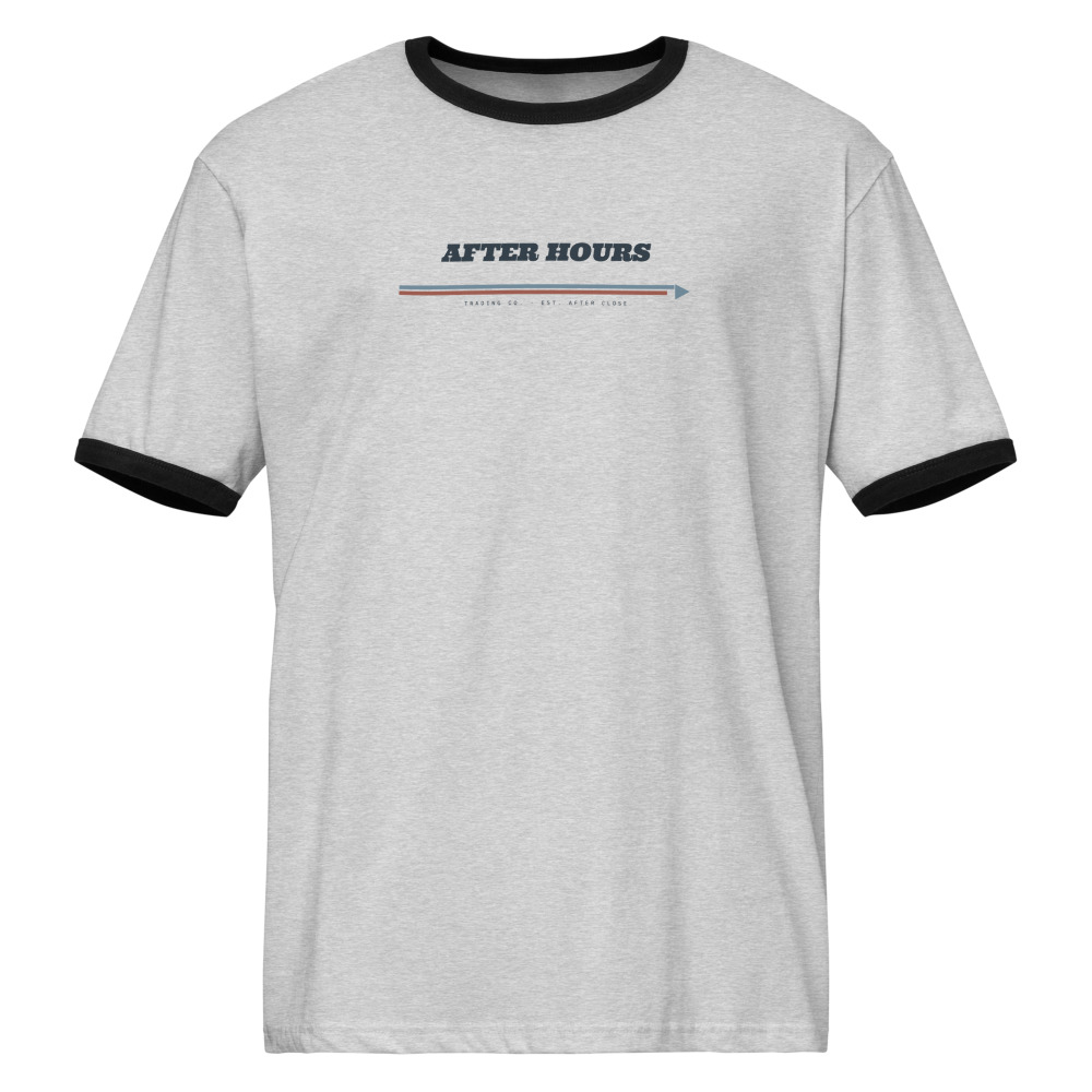 Heather grey ringer tee with black trim and a navy AFTER HOURS speed-stripe graphic