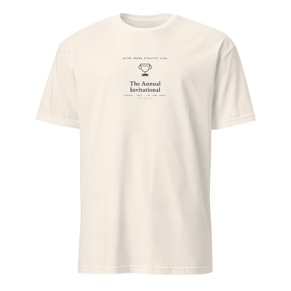 Natural crew tee with a navy and gold trophy above The Annual Invitational, listing squash, golf and the long lunch