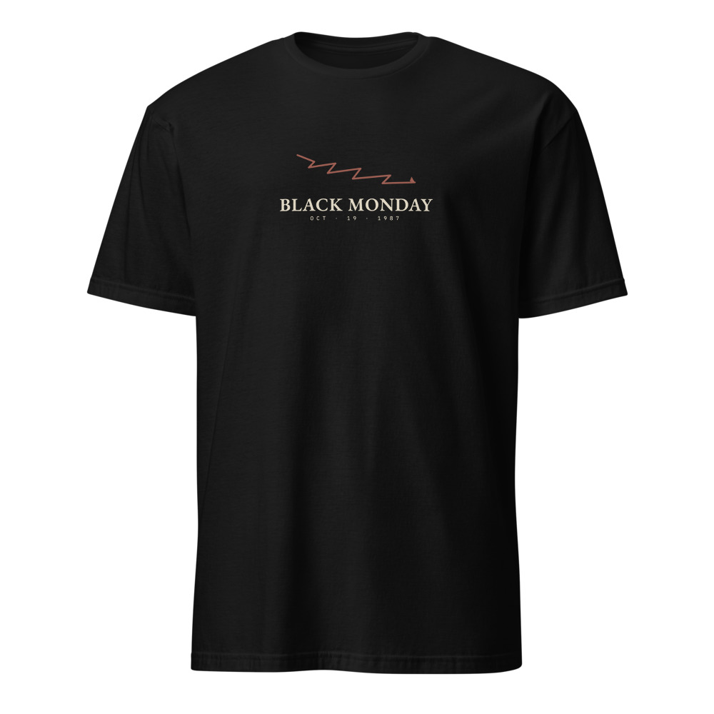 Black crew tee with a falling oxblood chart line above BLACK MONDAY and OCT 19 1987
