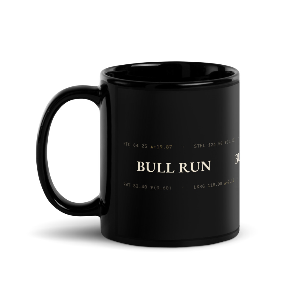 Black glossy mug with BULL RUN in cream serif wrapped in green ticker tape