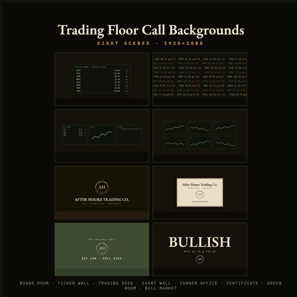 Eight video-call backgrounds styled as trading-floor rooms: quote board, ticker wall, trading desk, chart wall, corner office, certificate, green table and a BULLISH wall