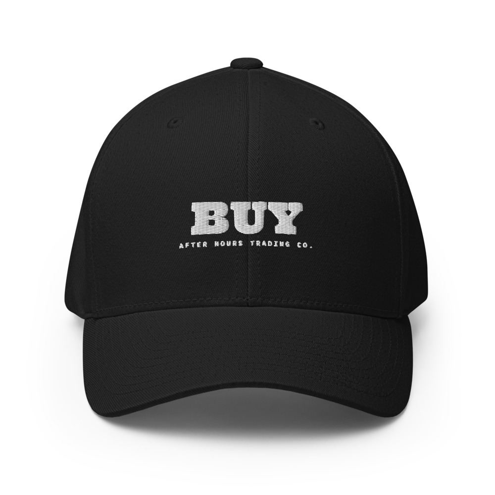 Black structured cap with BUY embroidered in white above AFTER HOURS TRADING CO.