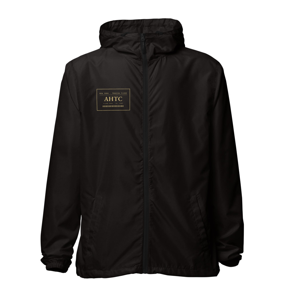 Black zip-up windbreaker with a gold AHTC floor-pass badge on the left chest