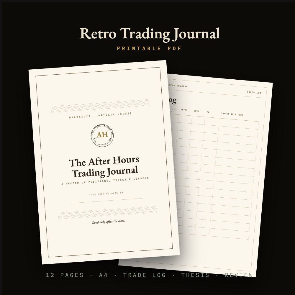 A cream trading journal: an engraved cover page beside a ruled trade-log page
