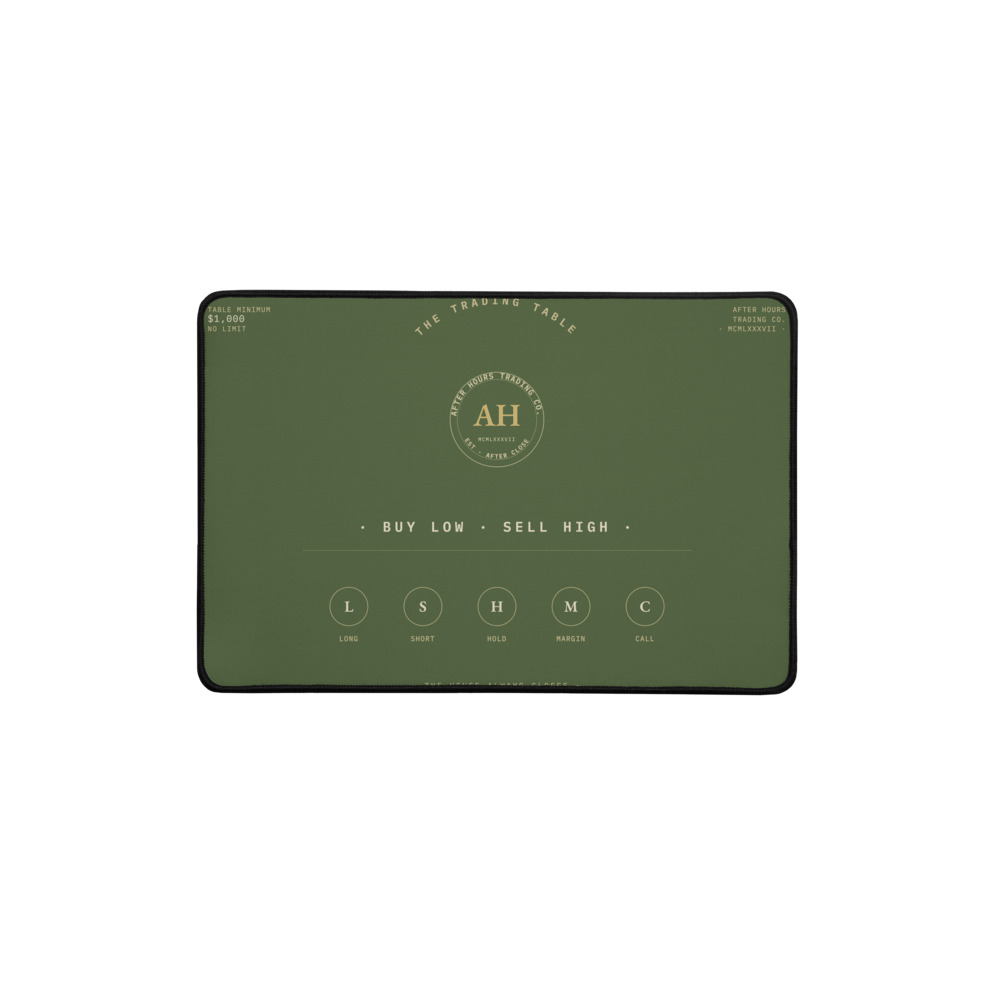 Green baize desk mat styled as a casino trading table with the AH seal and Long/Short/Hold/Margin/Call chip spots